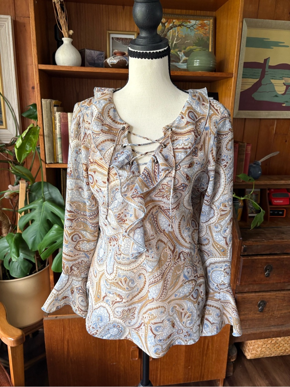 90s Vintage Boho Whimsigoth Paisley Ruffle Tie Front Blouse M